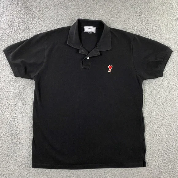 AMI Polo Shirt Mens Medium Short Sleeve Black Mesh Knit Logo - Picture 2 of 10